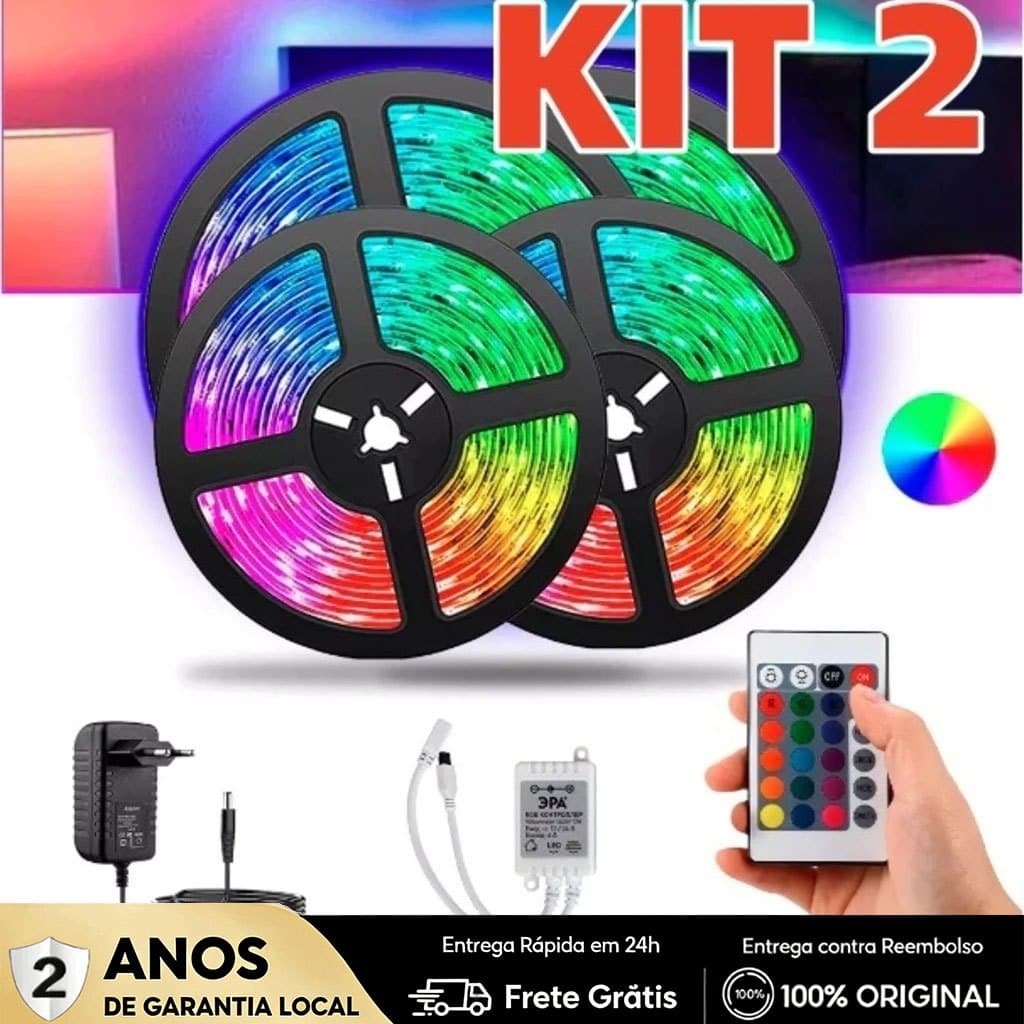 KIT 2 Fita Led Rgb 3528 Colorida 5m + Controle+Fonte 300 Led Decoração Casa Loja Gesso Teto Sanca Vitrine
