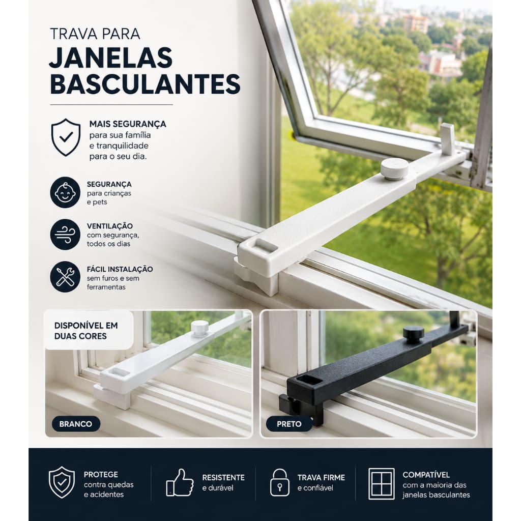 Trava Limitadora Para Janela Basculante Preto - Branco - Ventilação Controlada