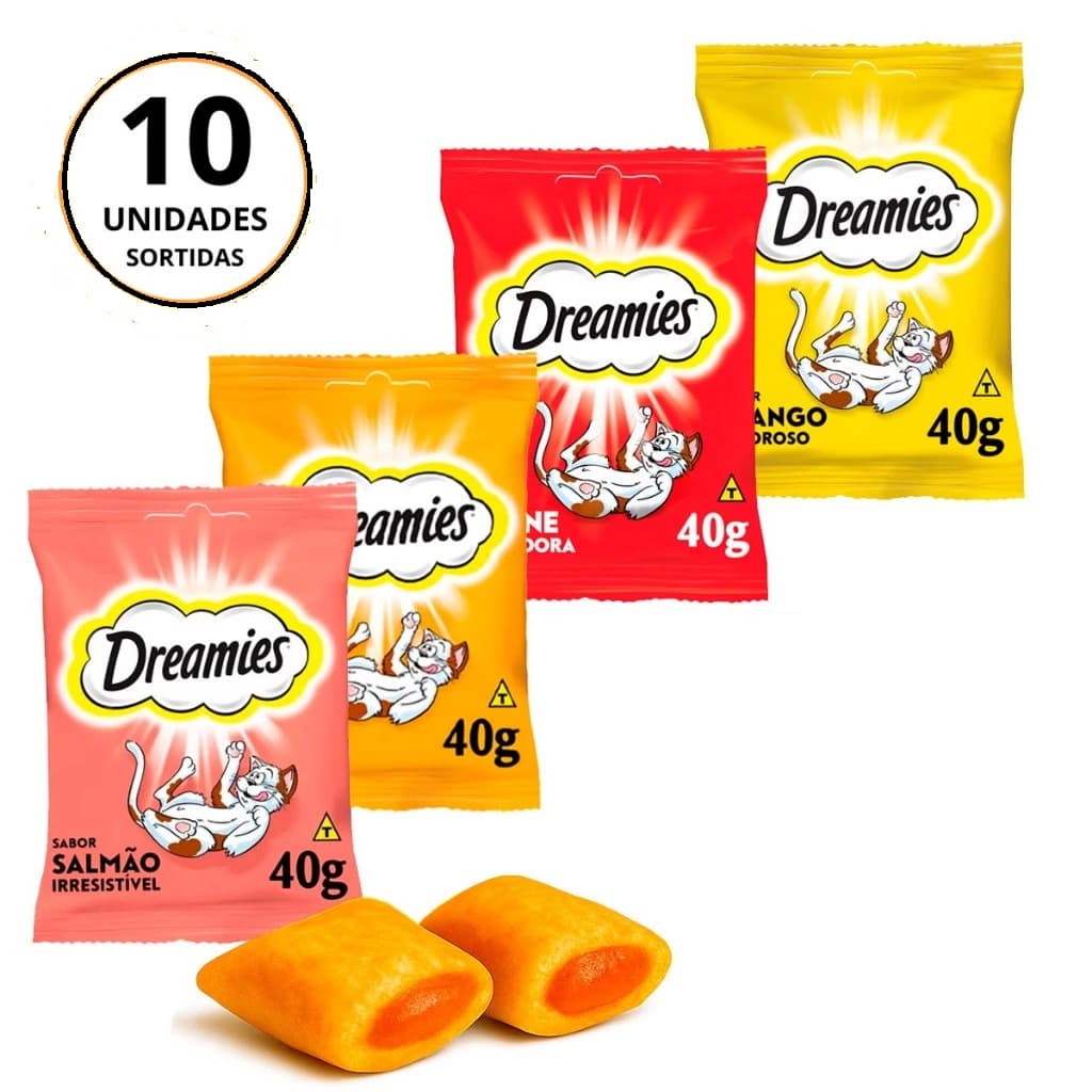 Kit Com 10 Unidades Petiscos Dreamies Para Gatos Adulto 40G Sabores Carne Frango Queijo Salmão