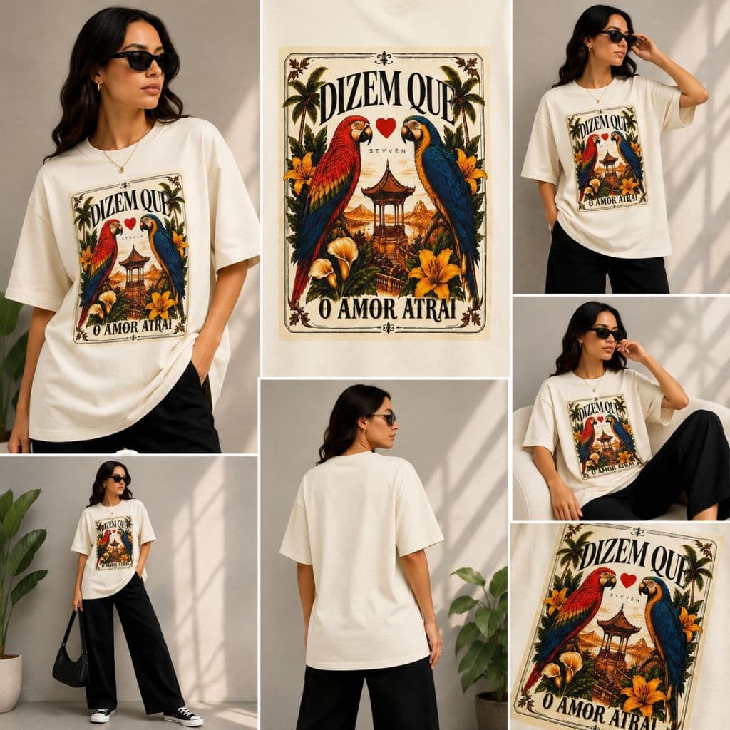 Camiseta Feminina Oversized Dizem Que o Amor Atrai Araras Estampada 100% Algodão Premium Casual Fashion