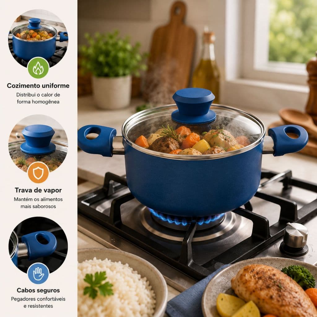 Panela Cerâmica Antiaderente Tampa 18cm Azul Ideal para Saúde Fogão Indução Gas e Eletrico Enxoval