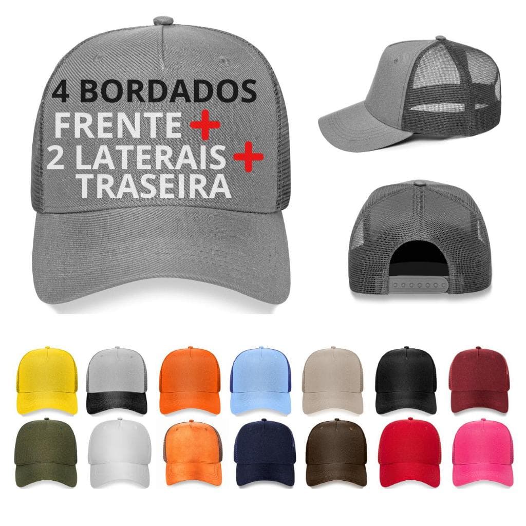 01Un Boné Personalizado com 4 Bordados (Frente em Alto Relevo + 2 Laterais + Traseira) Aba Curva Truck Telinha