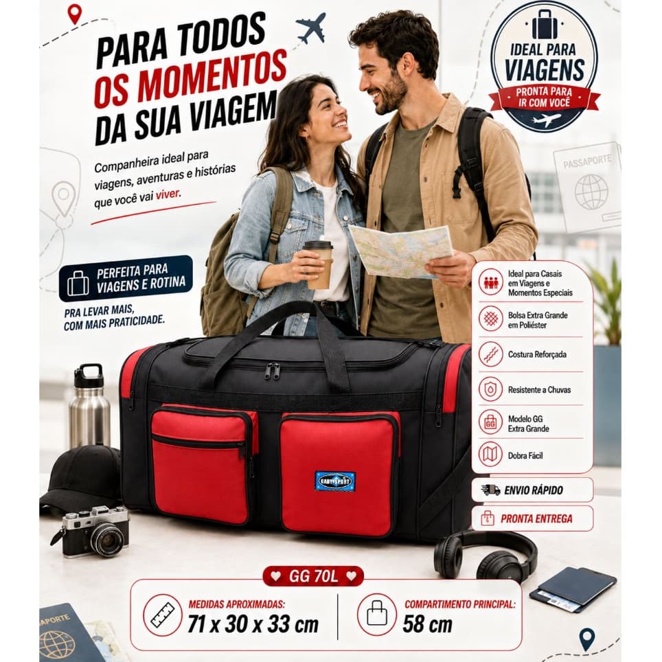 70L -Bolsa de Viagem Feminina GG, Espaçosa e Leve, Viagens, Academia, Fim de Semana, Maternidade