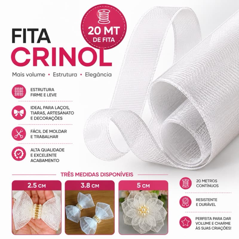 Fita crinol 5cm 3.8cm 2.5cm rolo com 22mt para vestidos saia e artesanato