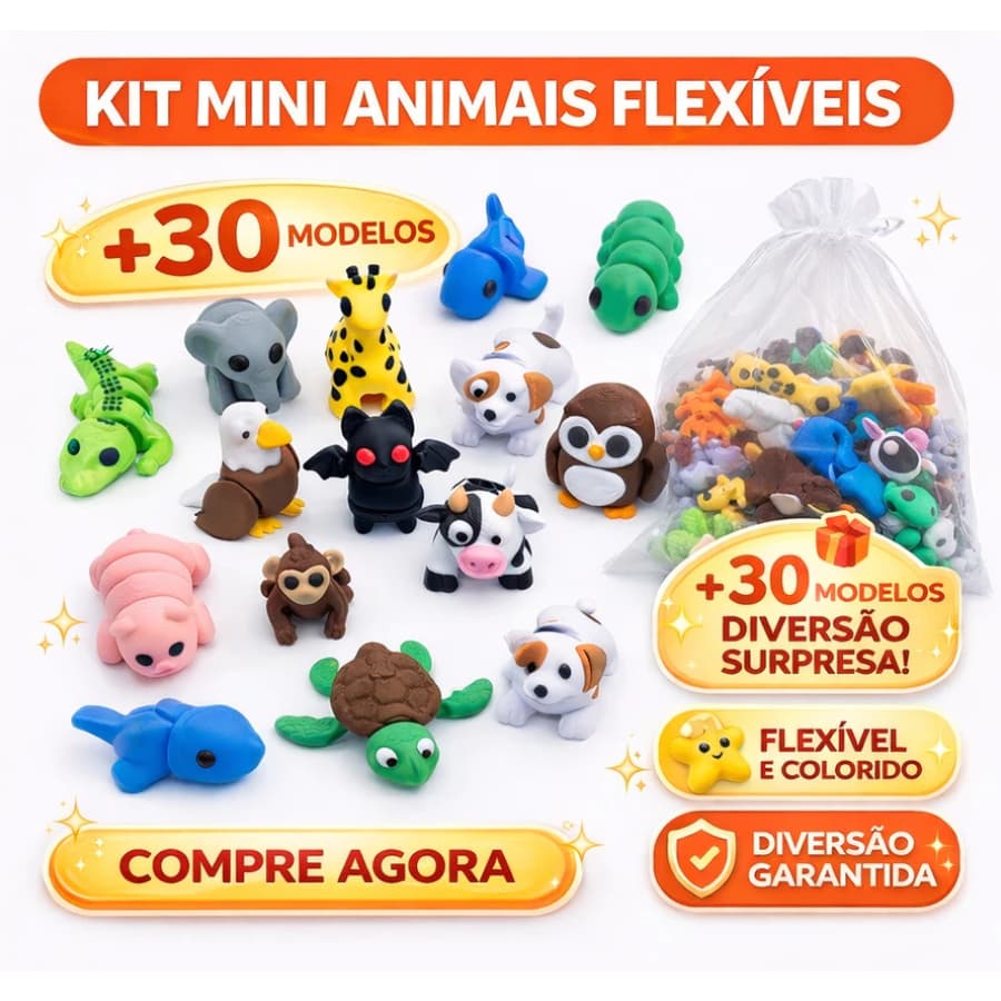 Kit Sortido - Mini Animais Flexiveis Articulados - Kit 6/12/16/24/32 - Bichinho Chaveiro Fidget