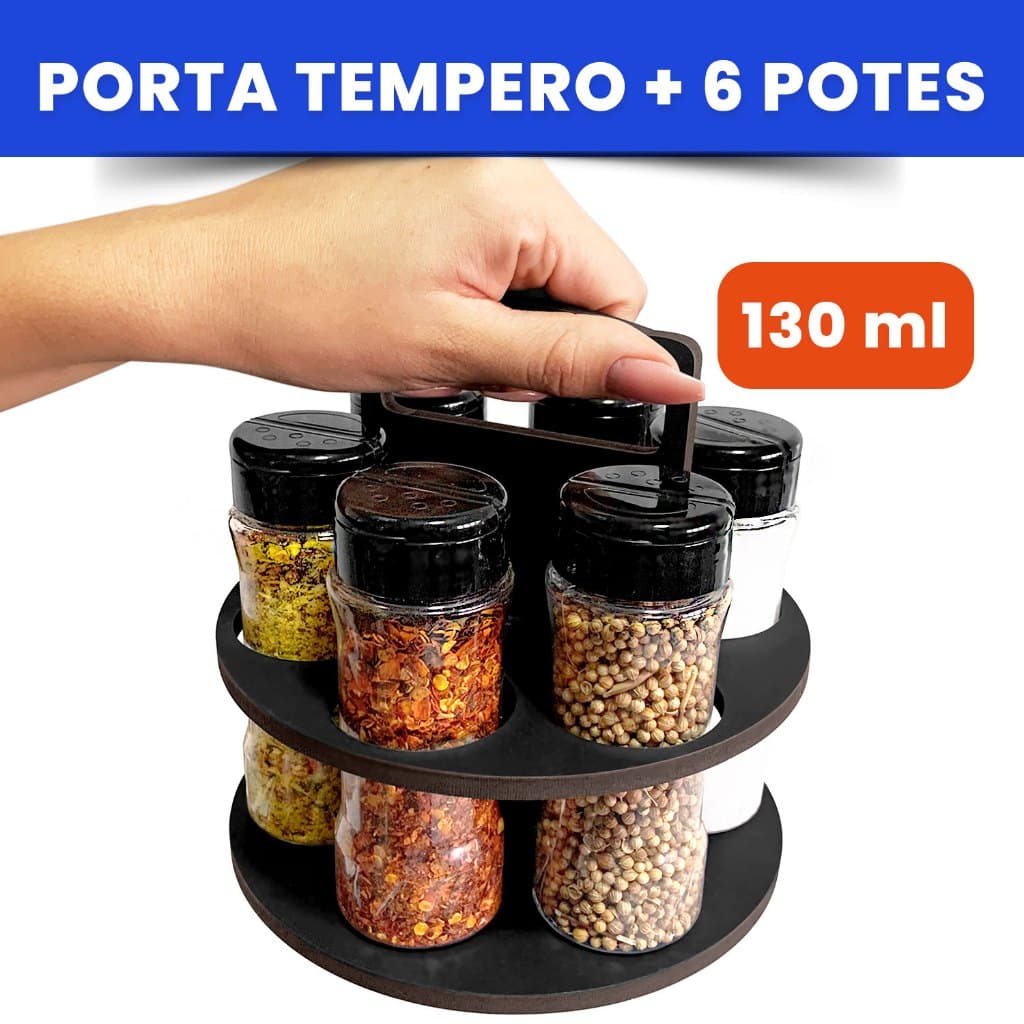 Porta Tempero MDF 6mm com Alça e Potes para Tempero Especiarias 130ml com Tampa Dosadora Dupla