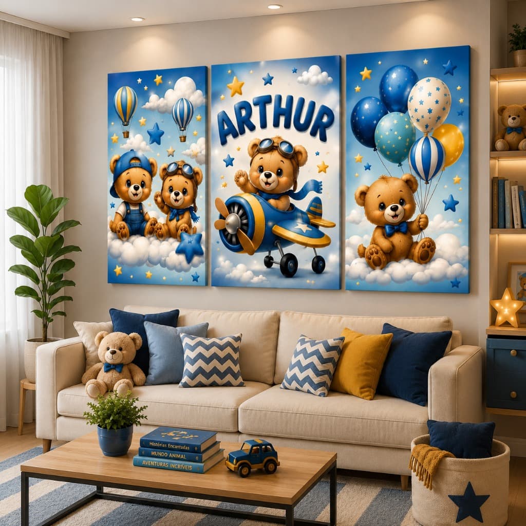 Kit 3 Quadros Ursinhos Infantil Personalizado com Seu Nome Decoração Quarto Bebê