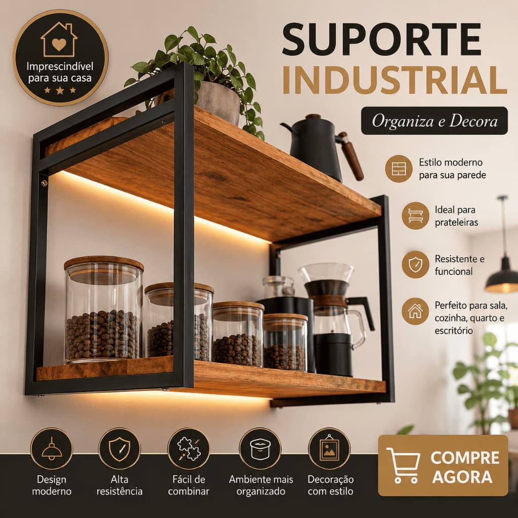 Kit 3 Prateleiras Suporte Estilo Industrial Design 42cm x 34cm Decoração Fixa Minimalista Moderno