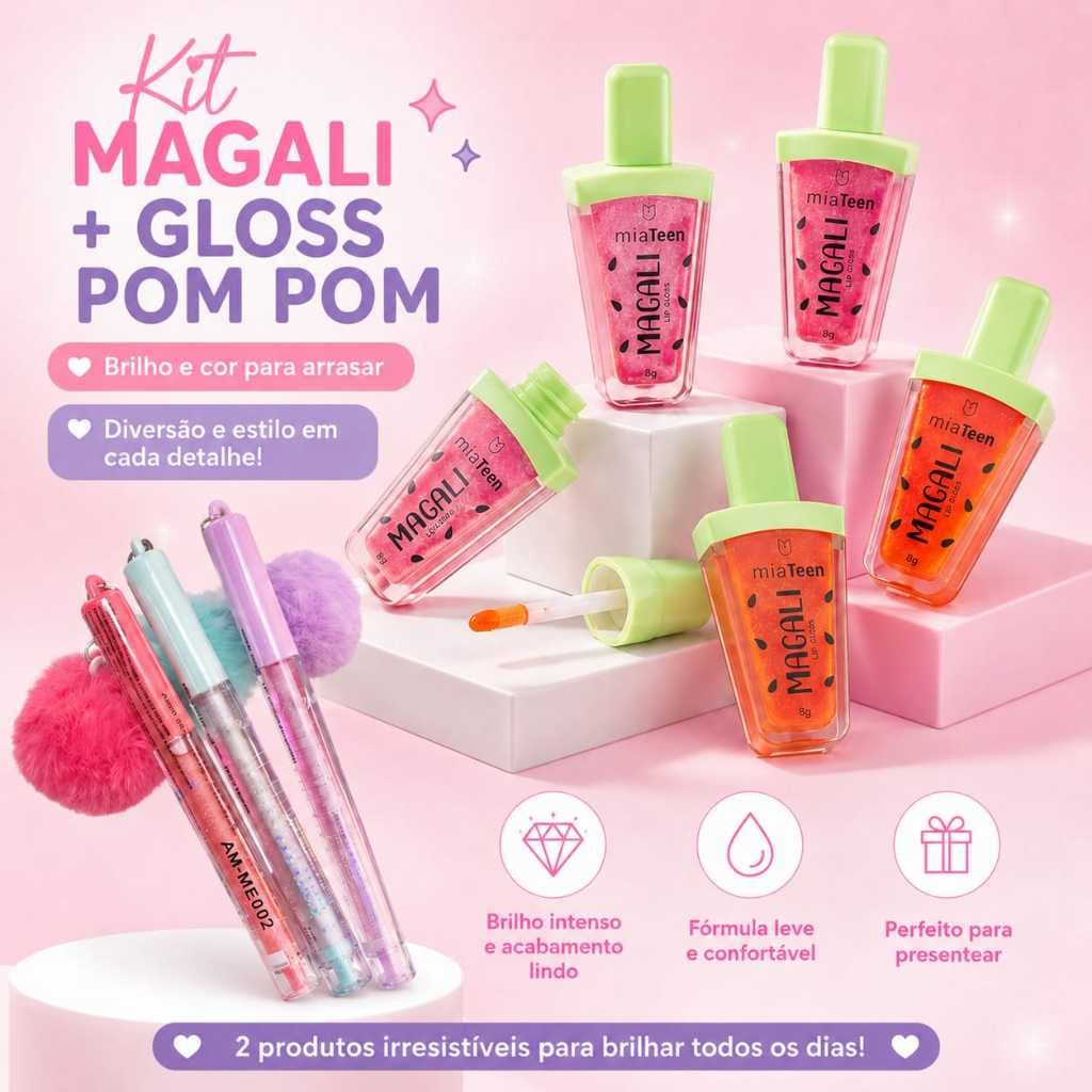 Kit - Mia Make - Lip Gloss Magali Mia Teen + Amor Anjo - Lip Gloss Efeito Magico com Pompom