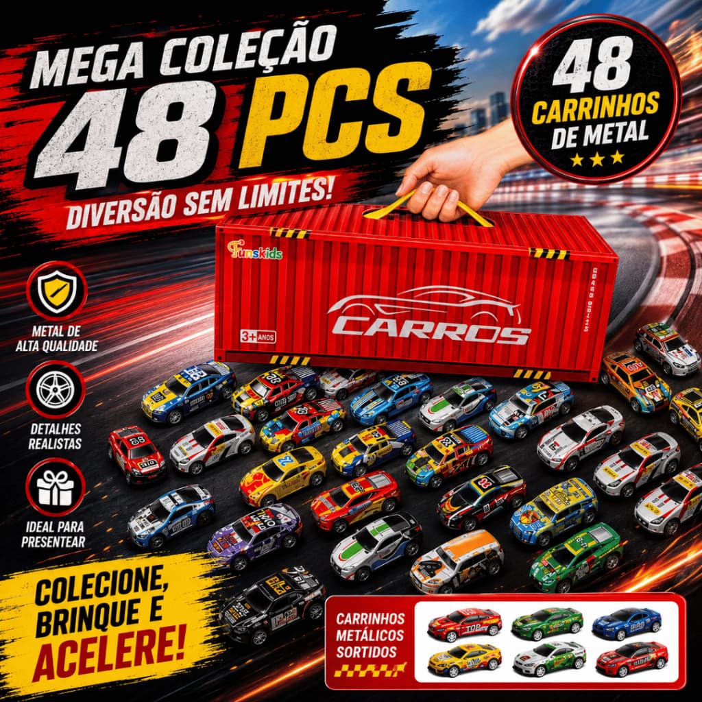 Kit 48 Carrinhos de Fricção com Pista – Brinquedo Educativo e Colecionável em Contêiner