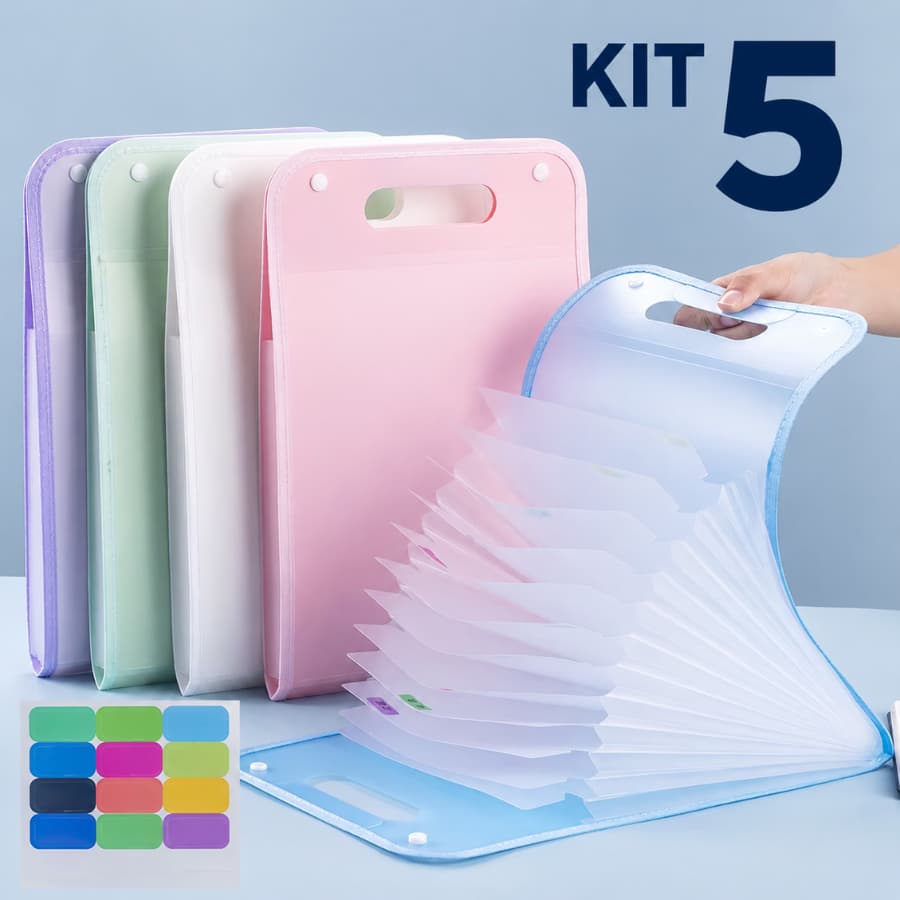 Kit 5 Pastas Sanfonadas De Arquivo A4 13 Compartimentos