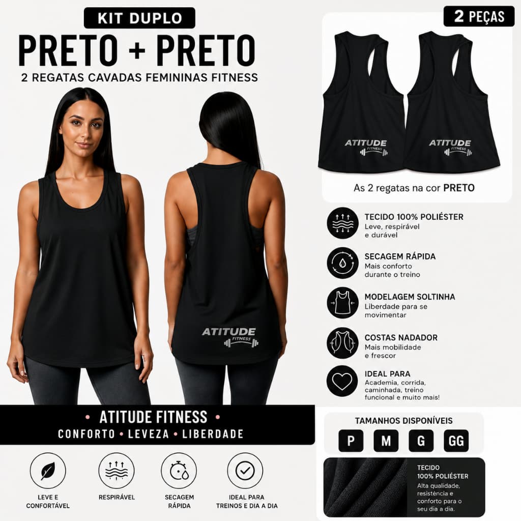 Kit 2 Regatas Femininas Cavadas Pretas Viscolycra Costas Nadador Academia Fitness Treino