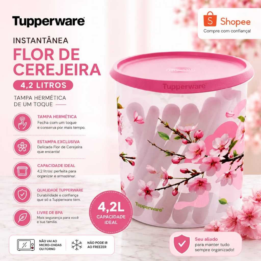 Tupperware Instantânea 4,2l Tampa Hermética De Um Toque Flor De Cerejeira