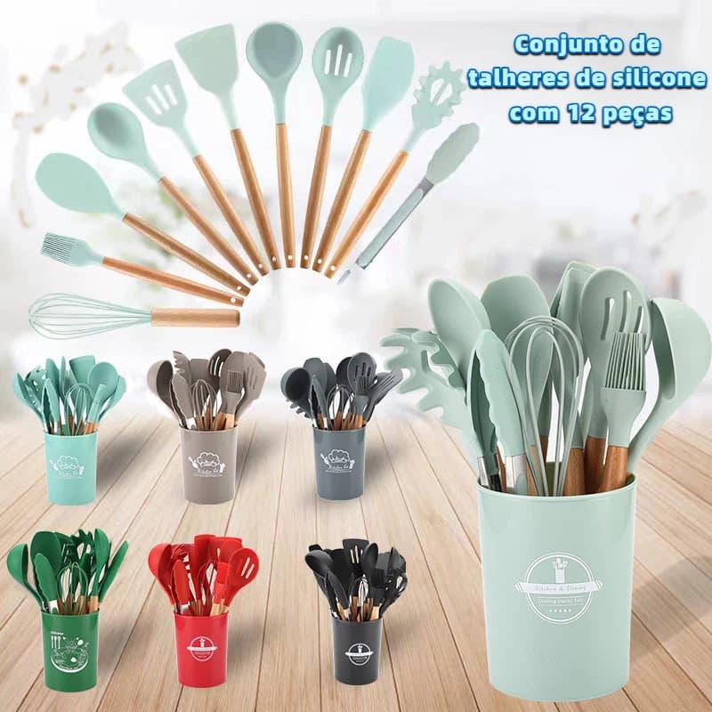 Conjunto de 12 utensílios de cozinha de silicone resistentes ao calor, antiaderentes, para cozinhar e assar.
