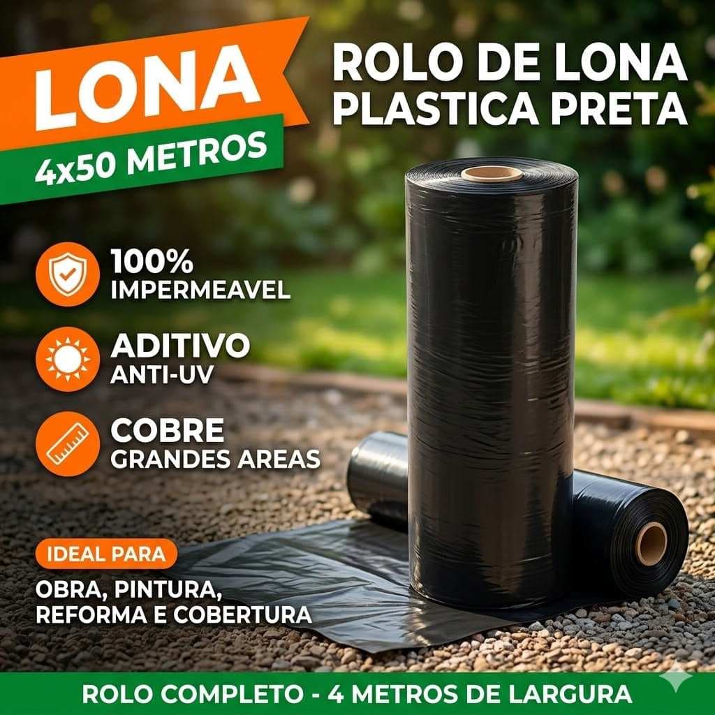 Lona Plastica Preta 4x50 / 4x100 Bobina Multiuso Proteção Pintura Obra Reforma Cobertura Impermeável