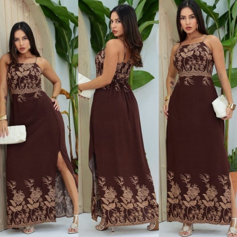 vestido longo feminino, vestido estampado elegante casual com  fenda lateral tecido viscose sarjada