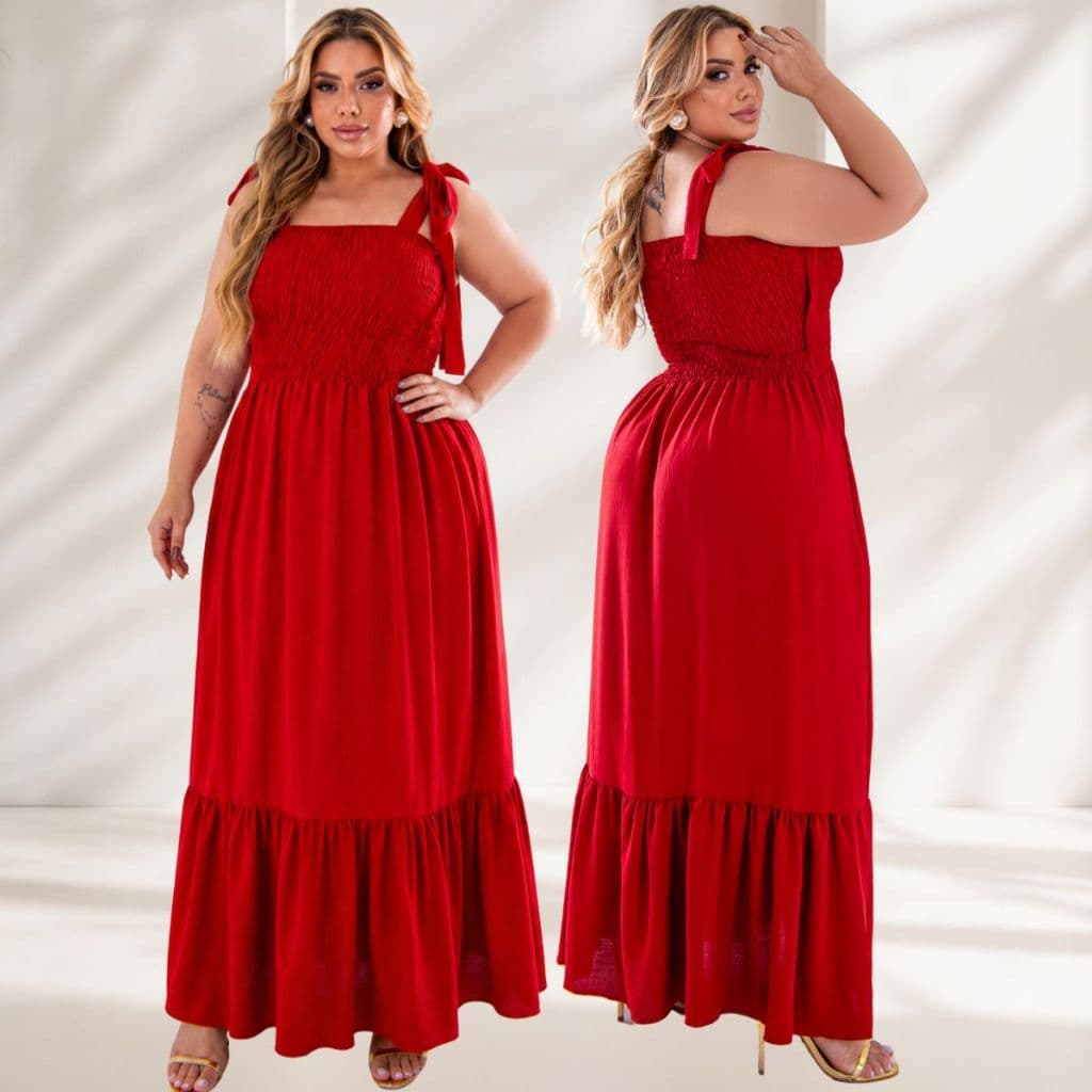 Vestido Longo Plus Size Lastex Alça Amarração Feminino Elegante 46 AO 54. Moda Maior Casual Chic Sofisticado.