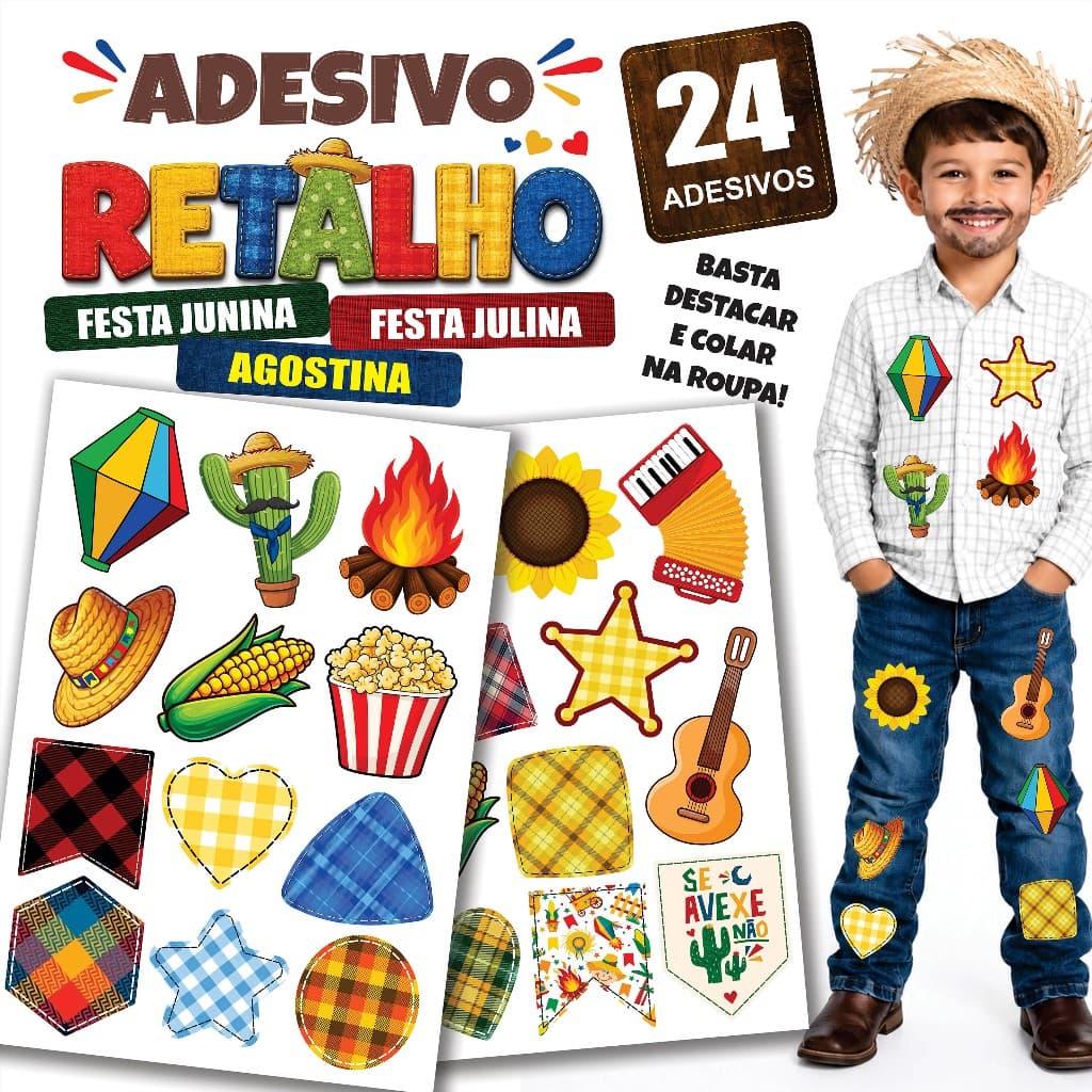 Kit Adesivos de Retalho, Remendo  para Roupa – Festa Junina, Julina e Agostina Adesivo