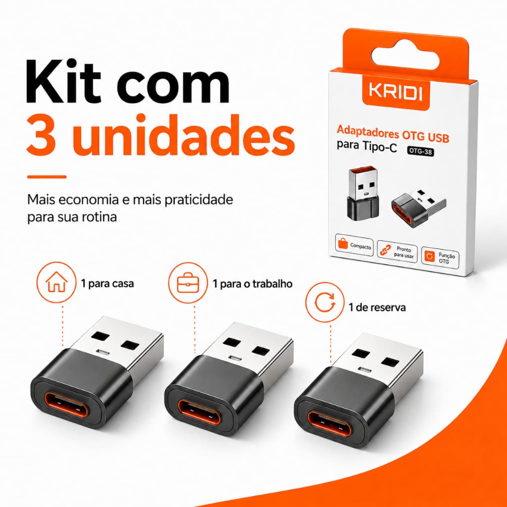 Kit 3 Adaptadores USB para Tipo-C Fêmea KAIDI USB 2.0 Carregamento e Transmissão de Dados