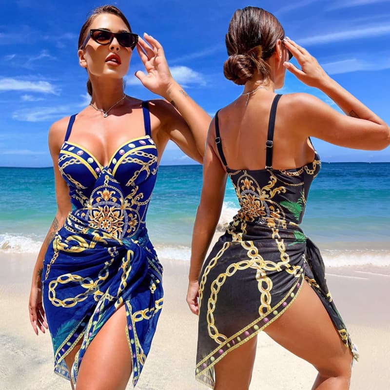 Conjunto de Biquíni e Saída de Praia Feminina Estampa Luxuosa Cintura Marcada para Praia e Piscina
