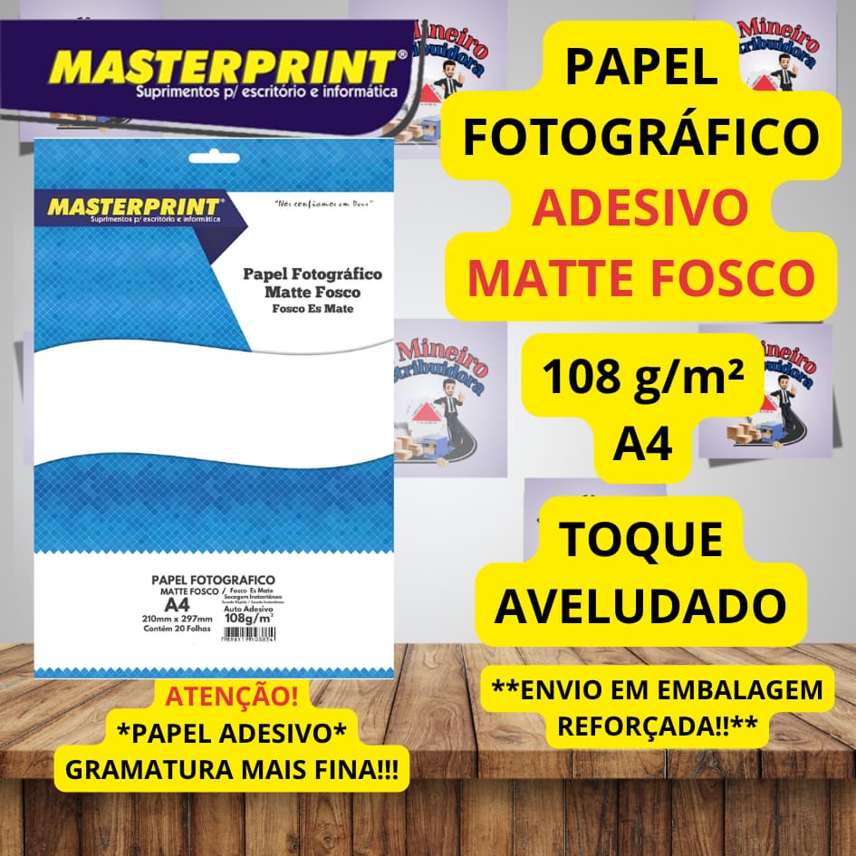 Papel Fotográfico Matte ADESIVO 108g A4 Foto Matte Fosco Autoadesivo - MASTERPRINT