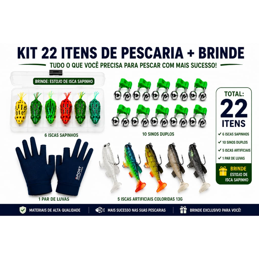 Iscas ArtificiaL Pesca Sapo Sapinho Sinos Duplos Par de Luvas/ Iscas Tucunare Traira Kit 22 unidades