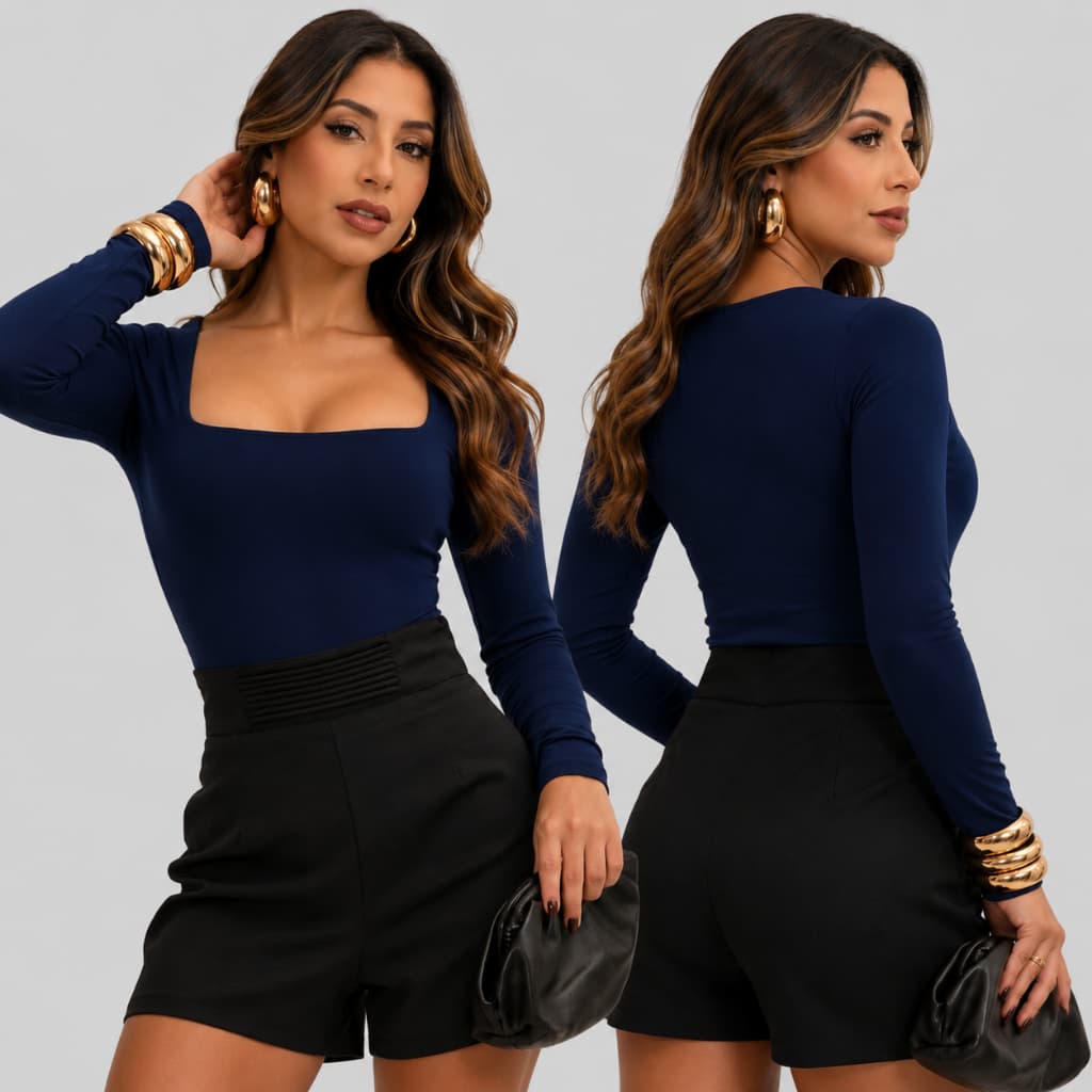 Body Feminino Manga Longa Básico Suplex Premium Forro Duplo Decote Quadrado