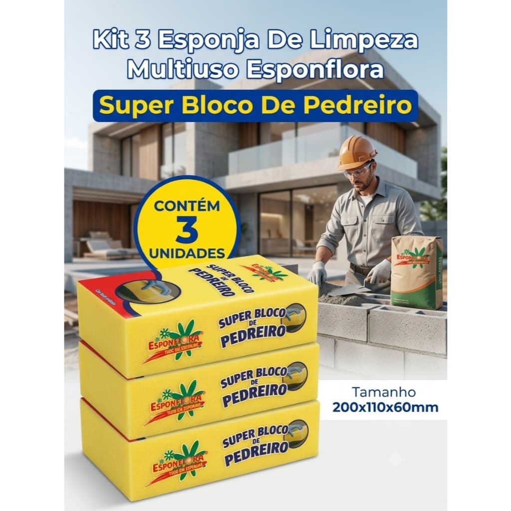 kit 3 Esponja De Limpeza Multiuso Esponflora Tamanho 200x110x60 Bloco Pedreiro