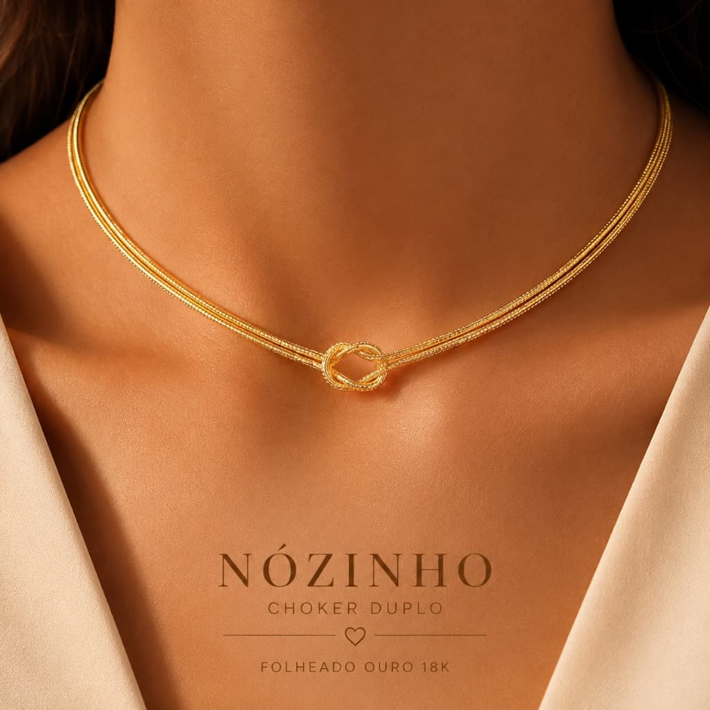 Colar Nózinho Feminino Choker Duplo Minimalista Folheado Ouro 18K