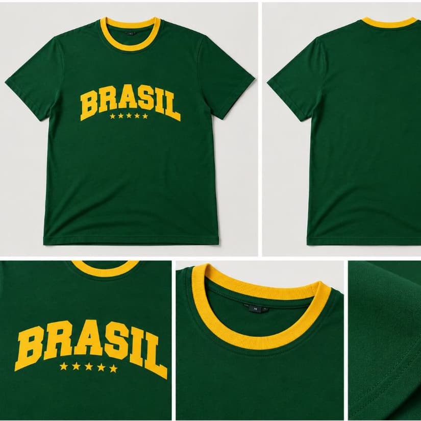 Camiseta Feminina Básica Gola Redonda Amarela Manga Curta Casual Confortável 100% Algodão Unissex Copa do Mundo Futebol