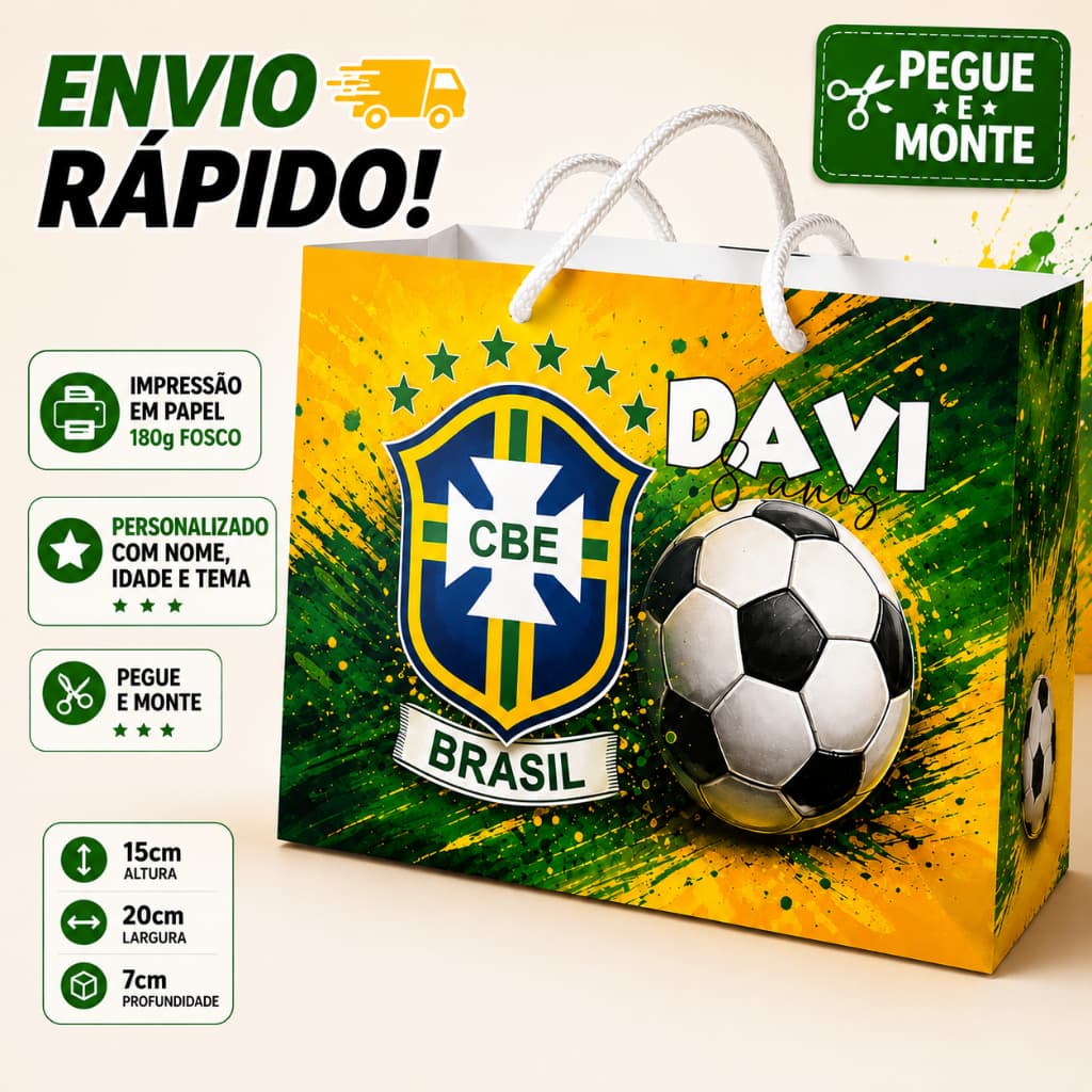 Sacolinha Personalizada Futebol Brasil Nome e Idade Festa Infantil 10 | 20 | 30 Unidades