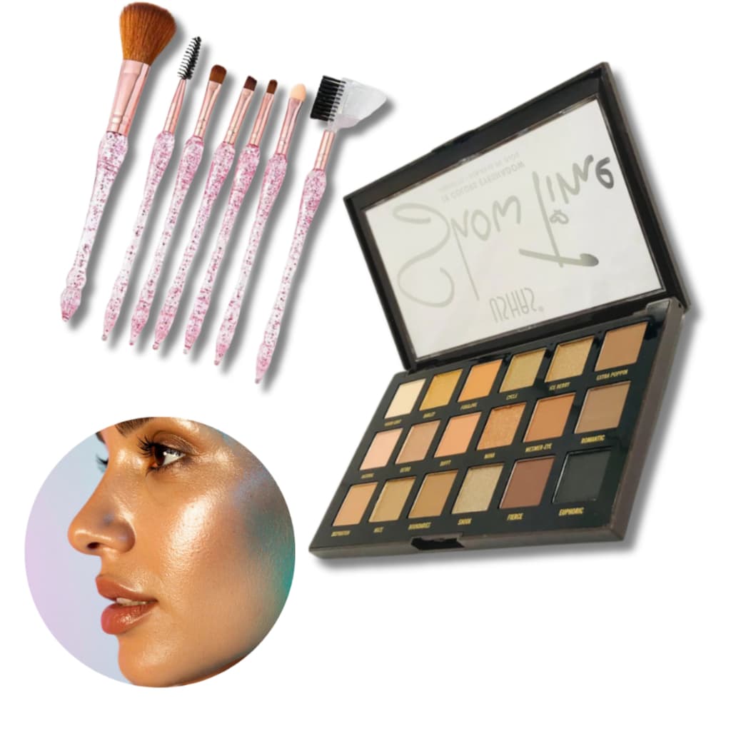 Kit 18cor Paleta de sombras New Nude/ Cores Nude de alta pigmentação + 7 Pinceis Profissionais Glitter Original