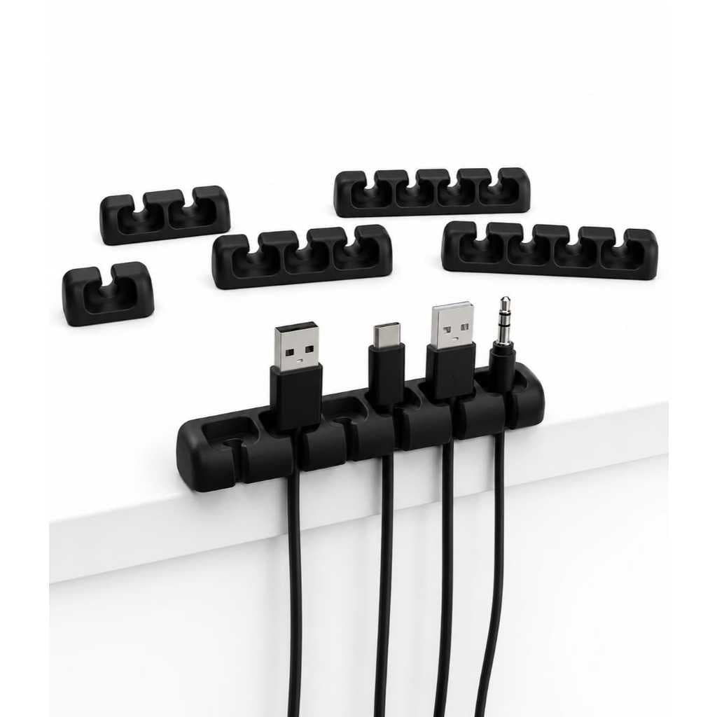Organizador de Cabos USB Adesivo Preto para Mesa e Escritório