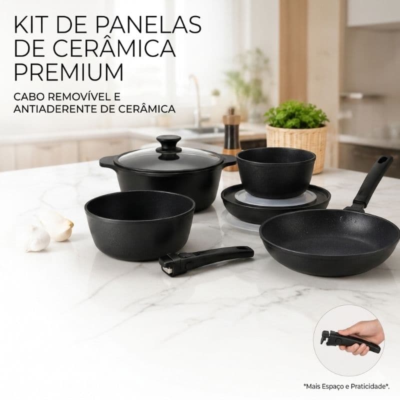 Conjunto de 09 Panelas de Cerâmica com um Cabo Removível Premium 9 Peças Cor Preta