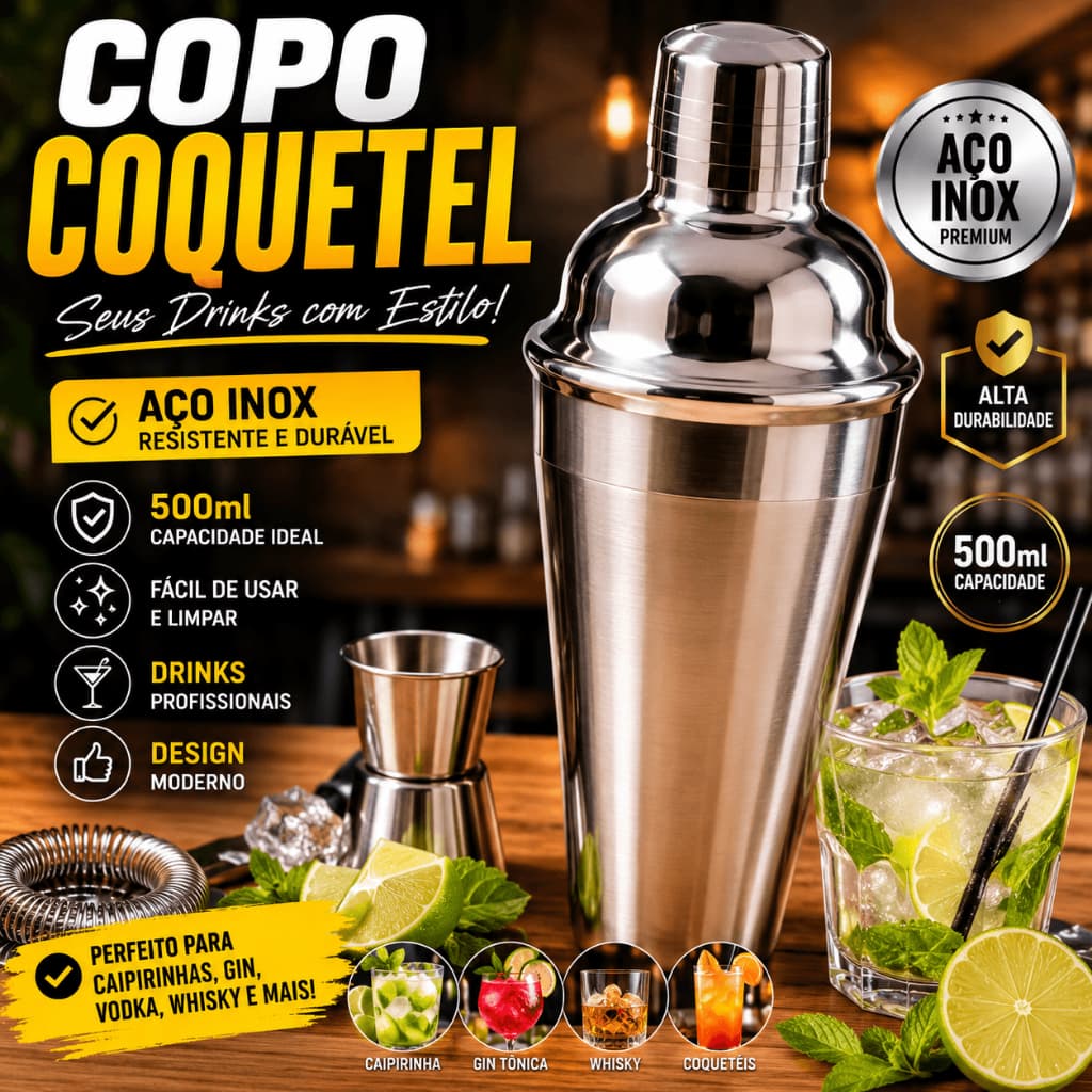 Coqueteleira Copo Coquetel Inox Profissional 500ml Misturador Drinks Bebidas Bar Barmen