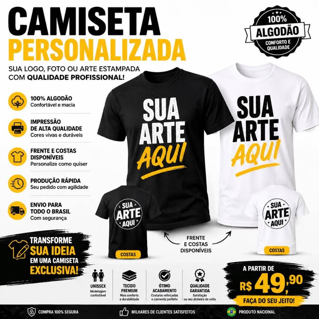 camiseta personalizada com sua arte logo foto frase 100% algodão unissex.