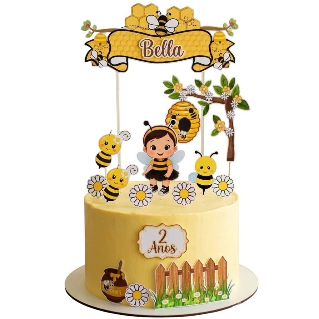 Topo de Bolo Abelhinha Personalizado Nome Idade Topper Festa Mesversário Menina