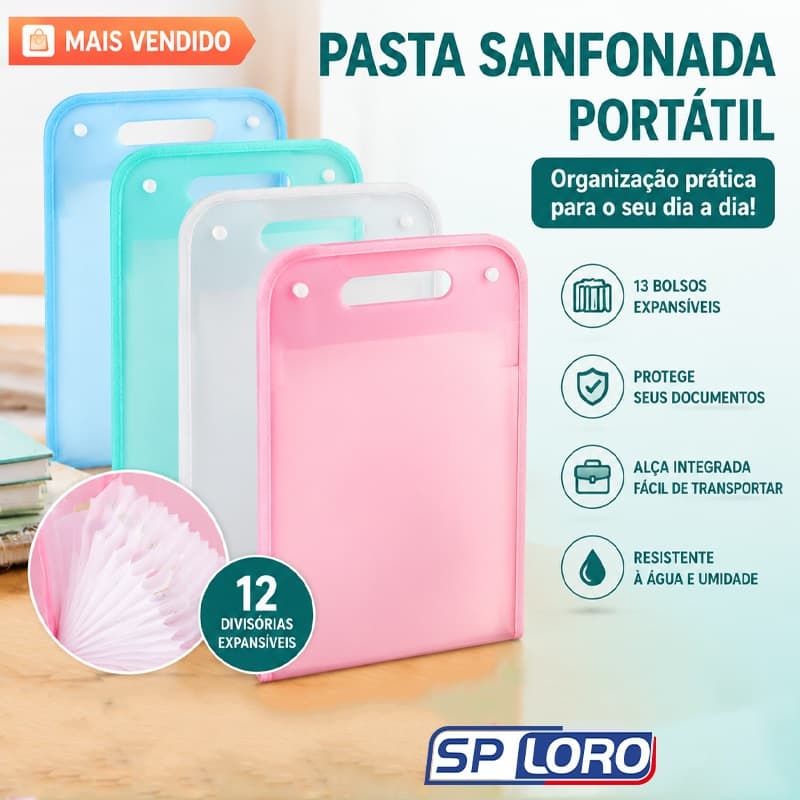 Pasta Sanfonada A4 12 Divisórias Organizador Documentos Polipropileno para Escritório Escola 6715-1