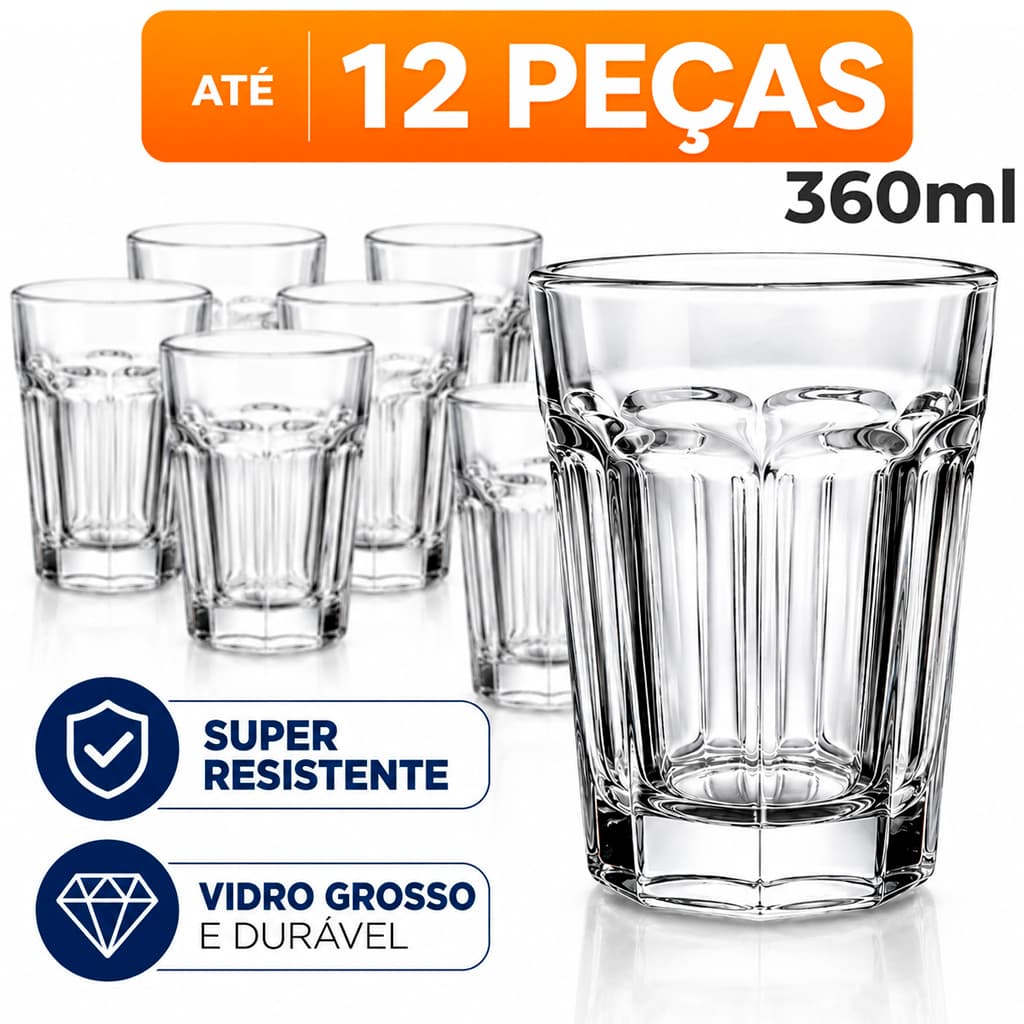 Jogo 12/06 Copos Vidro 360ml Bristol Para Suco Água Drinks Vitaminas Copo Alto Resistente