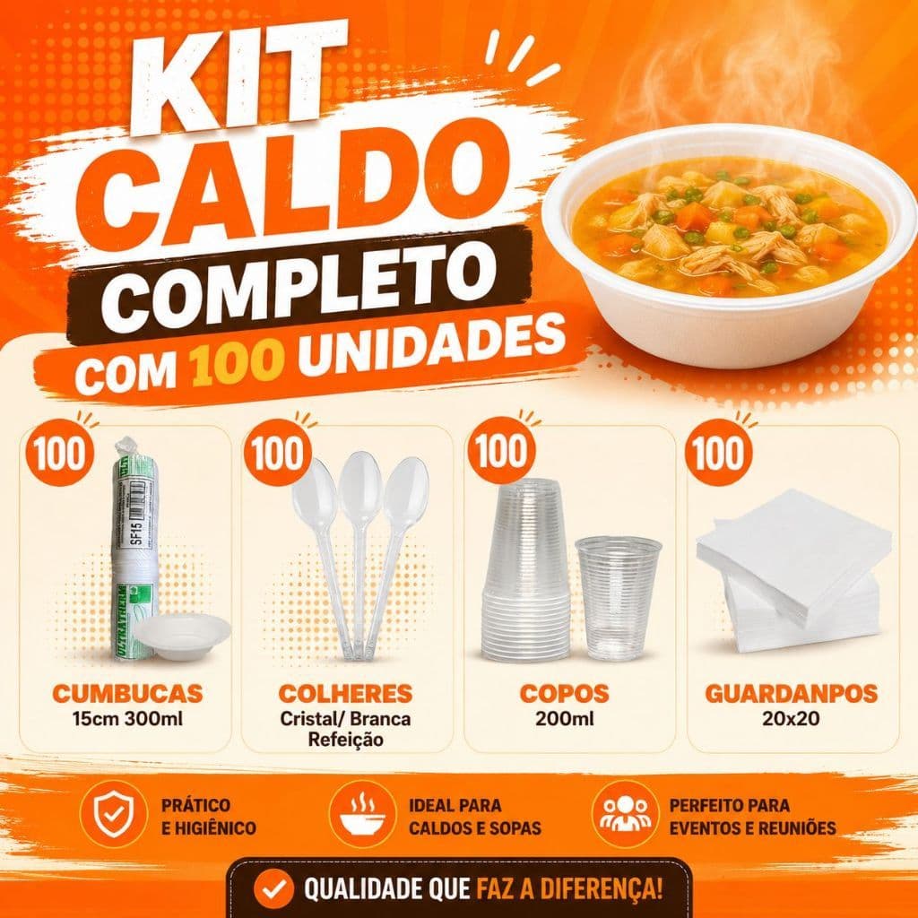 Kit caldo completo com cumbuca 300ml + colher branca/cristal + copo 200ml + guardanapo 20x20 quantidade 100 und cada