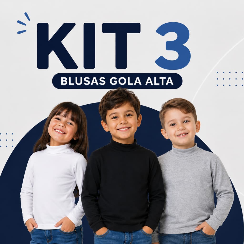 Kit 3 Blusas Infantil Gola Alta Manga Longa Ribana Segunda Pele Inverno Menino Menina Algodão