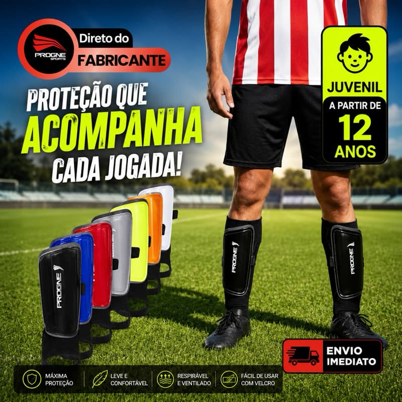 Caneleira Profissional Moccus Juvenil Progne Sports – Proteção, Conforto e Alto Desempenho