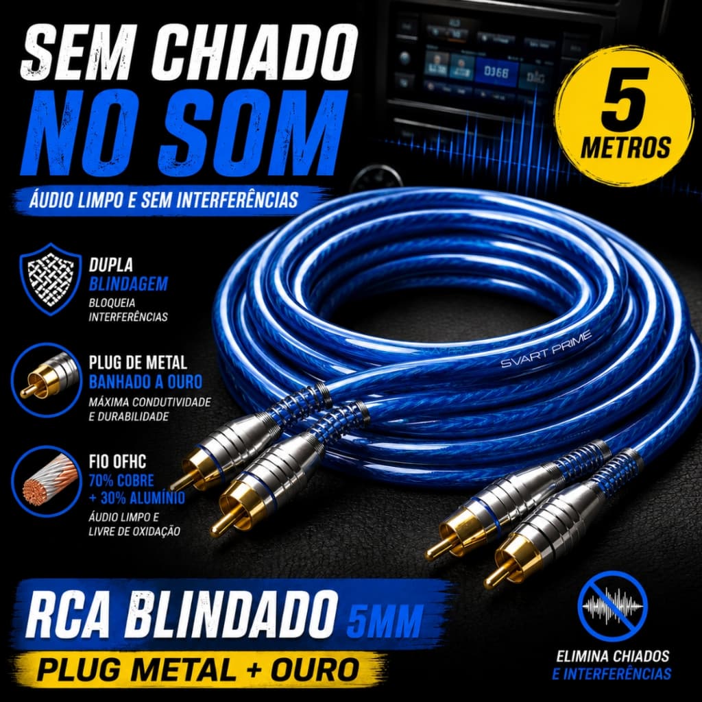 Cabo RCA 5 Metros Dupla Blindagem Plug Metal Banhado a Ouro Som Automotivo Sem Ruido Svart Prime
