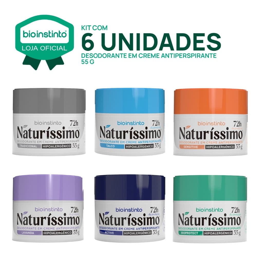 kit 6 Naturíssimo Desodorante em Creme Antitranspirante 55g  Bio Instinto Não Mancha 72h de Proteção