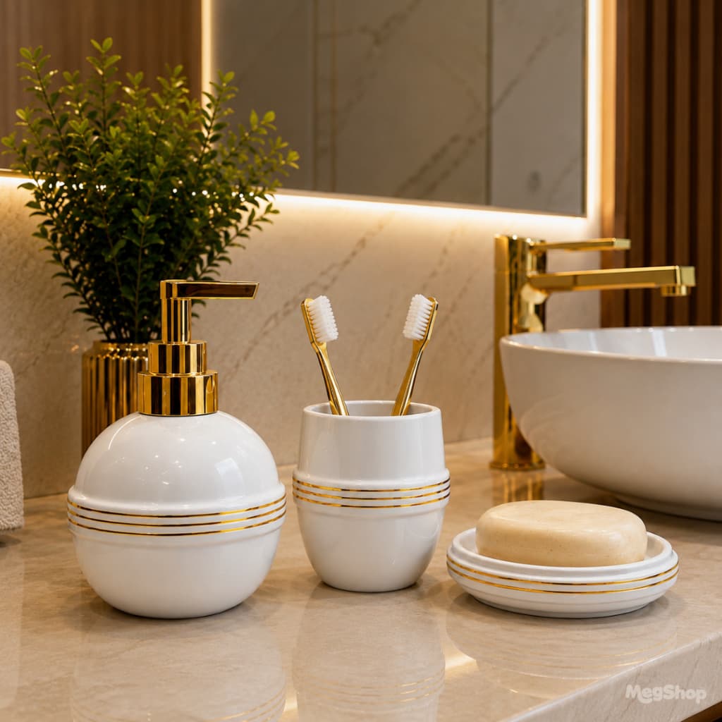 Kit para Banheiro lavabo Cerâmica 3 Peças Porta Sabonete Líquido/ Saboneteira/ Porta Escova
