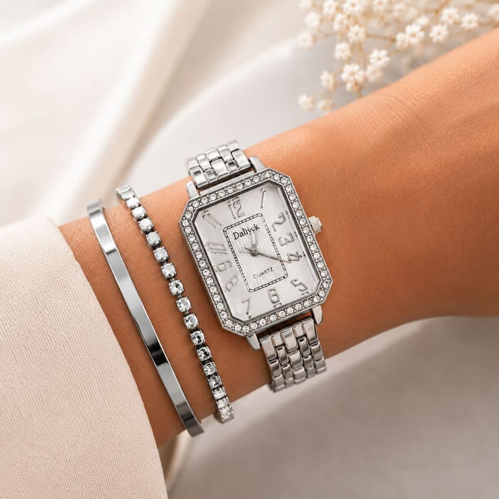 Relógio Feminino Luxo Elegante Com Pedras Pulseira Premium Prata ou Rose