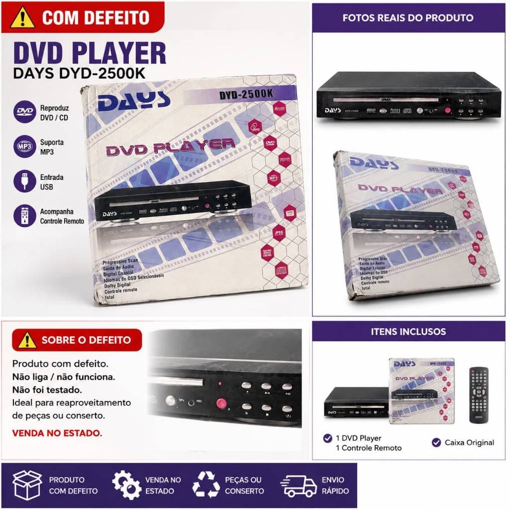 DVD Player Days DYD-2500K Com Defeito Para Peças ou Reparo