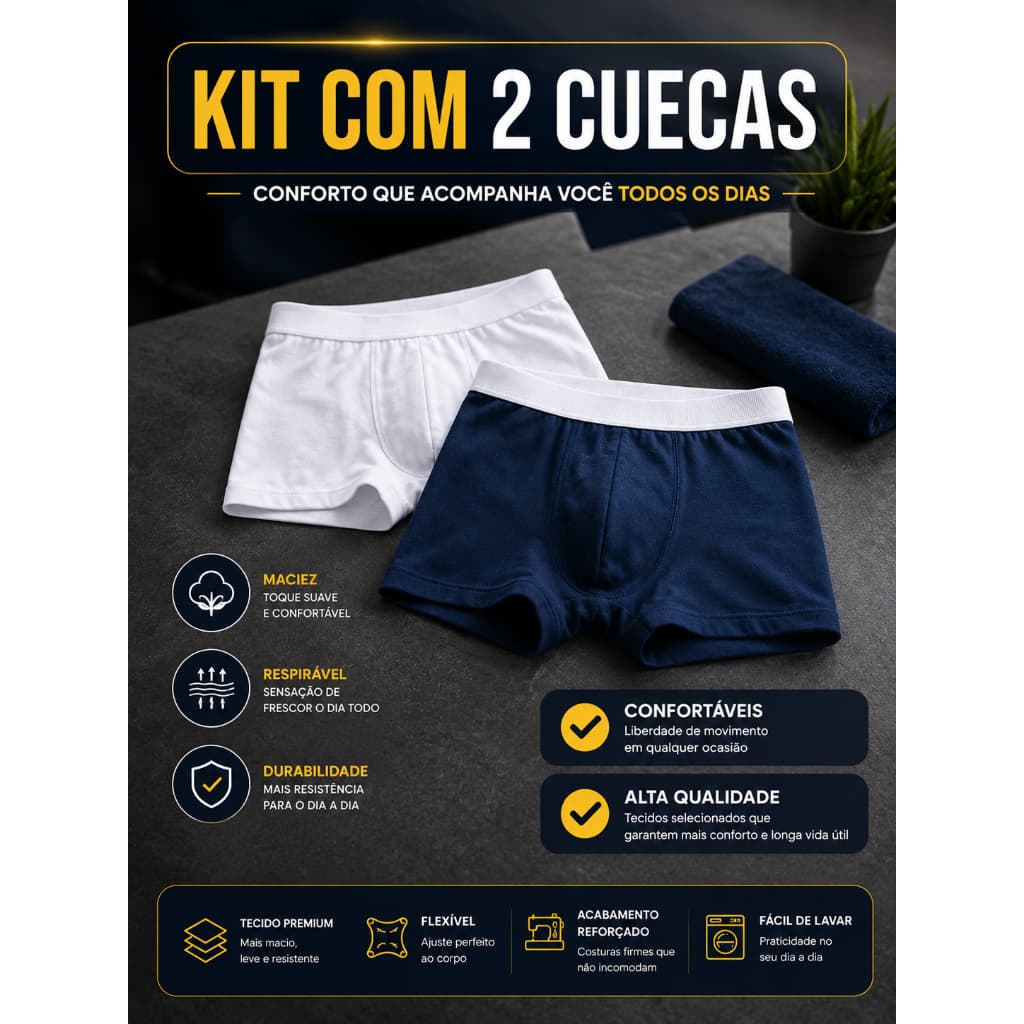 Kit 2 Cuecas Algodão Premium com Elastano Respiravel
