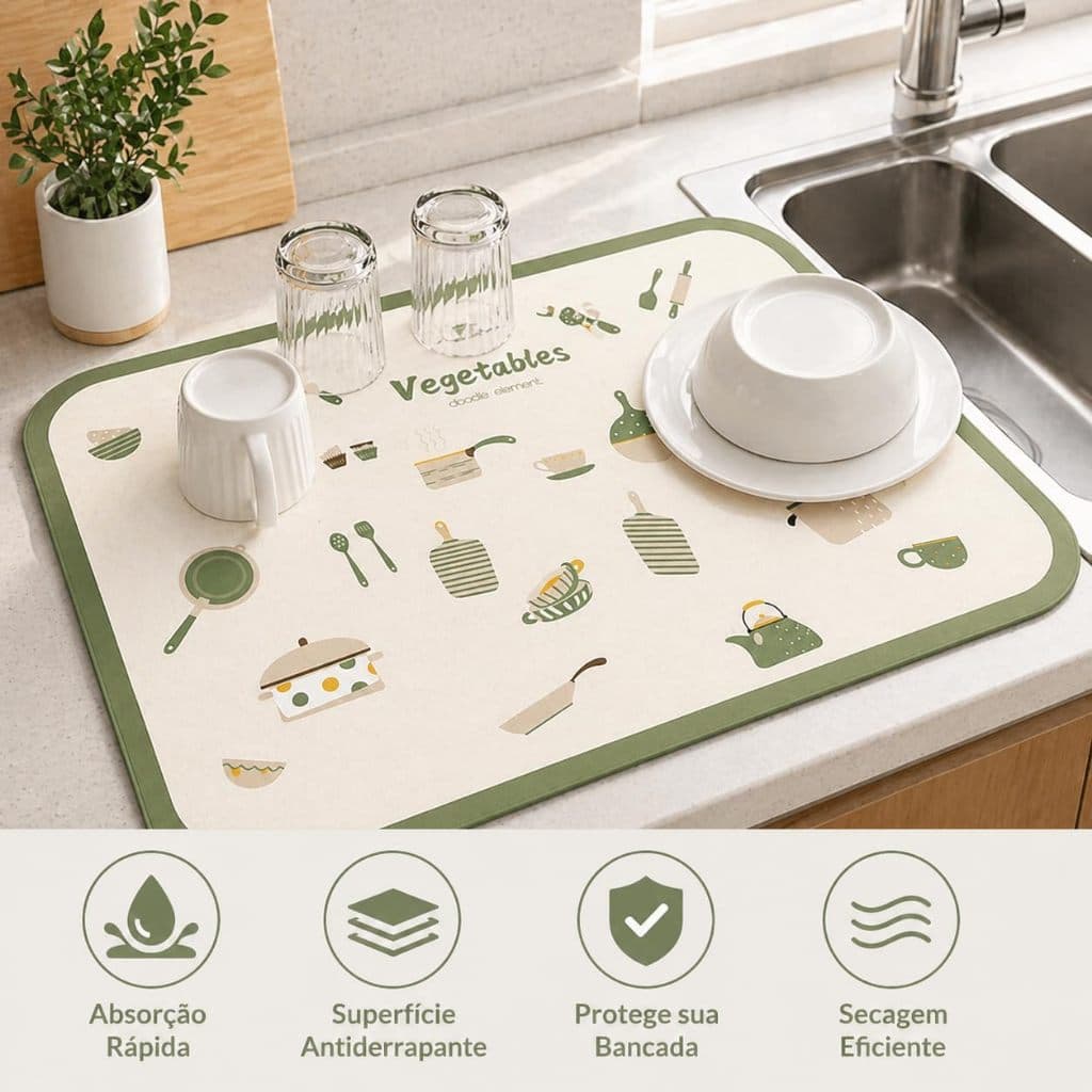 Tapete Escorredor de Louça Absorvente Antiderrapante Secagem Rápida Cozinha