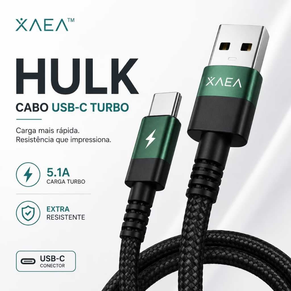 Cabo USB Tipo C XAEA Hulk 5.1A Turbo Carregamento Rápido 1 Metro Reforçado Alta Durabilidade USB-C